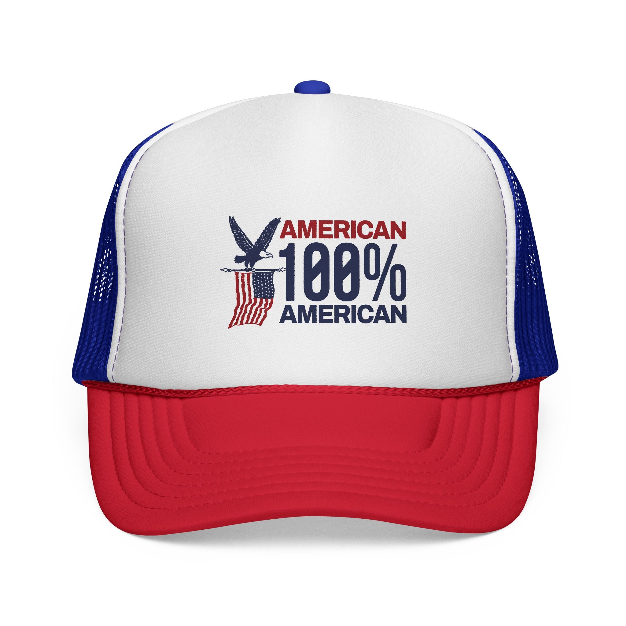 Trucker Cap — 100% American Eagle Flag Design (Patriotic Fourth of July Hat)